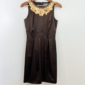 Antonio Melani Brown Satin Gold Metallic Exotic Collar Mini Cocktail Dress Sz 2